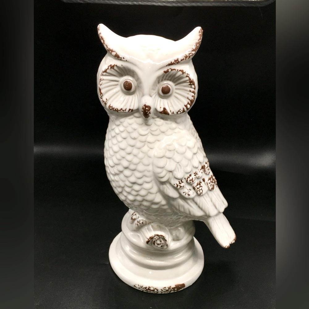 VTG Cream & Brown Farmhouse Decor Ceramic MCM Pedestal Owl Statue 12x6”